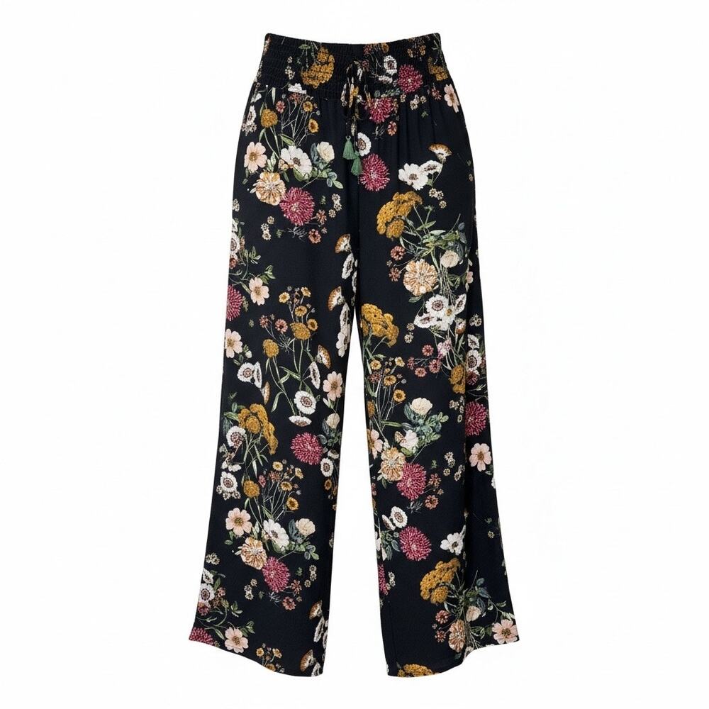 ONE 5 ONE Boho Wildflower Wide Leg Pants Black Multi Smocked High Waist Size XL